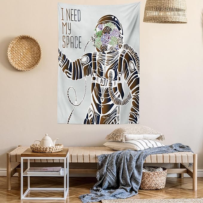 Ambesonne Outer Space Tapestry, Funny Love Words with a Floral Head Cosmonaut Pilot Man Humor Illustration, Wall Hanging for Bedroom Living Room Dorm Decor, 40" X 60", Grey Brown