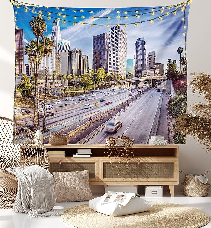 Ambesonne Travel Tapestry, Downtown Cityscape of Los Angeles California USA Avenue Buildings Palms Print, Wall Hanging for Bedroom Living Room Dorm Decor, 40" X 60", Blue Grey Green