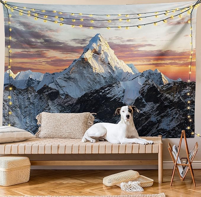 Ambesonne Mountain Tapestry Queen Size, Evening South High Hill Above the Sky Colorful Nepal Everest Photo, Wall Hanging Bedspread Bed Cover Wall Decor, 88" X 88", Bluegrey Salmon