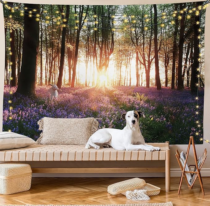 Ambesonne Forest Tapestry, Bluebell Woods Sunrise with White Rabbit Sunny Spring Day in Woodland, Fabric Wall Hanging Decor for Bedroom Living Room Dorm, 30" X 45", Purple Green