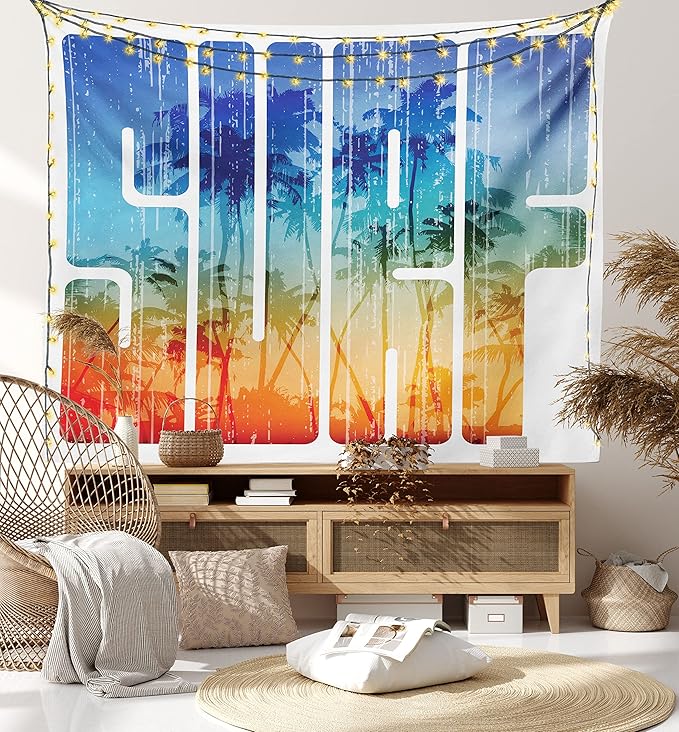 Ambesonne Surf Tapestry King Size, Summer Theme Retro Letters That Reflect the Seacoast Palm Tree Extreme Sports Art, Wall Hanging Bedspread Bed Cover Wall Decor, 104" X 88", Navy Orange