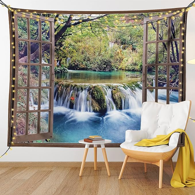 Ambesonne Waterfall Tapestry, Wide Waterfall Deep down in the Forest Seen from a City Window Epic Surreal Print, Fabric Wall Hanging Decor for Bedroom Living Room Dorm, 23" X 28", Brown Black