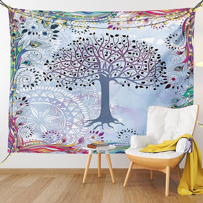 Ambesonne Nature Tapestry, Tree of Life Motif Peacock Feathers Tribal Vintage Prehistoric Flora Illustration, Fabric Wall Hanging Decor for Bedroom Living Room Dorm, 45" X 30", Blue