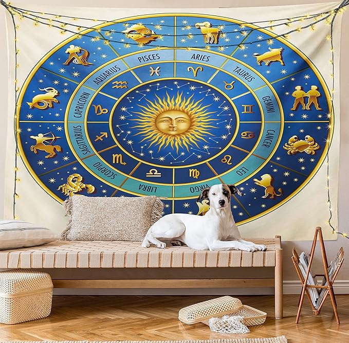 Ambesonne Astrology Tapestry King Size, Wheel of Astrological Signs Names Dates Moon Sun in Middle, Wall Hanging Bedspread Bed Cover Wall Decor, King Size, Blue Yellow and Cream