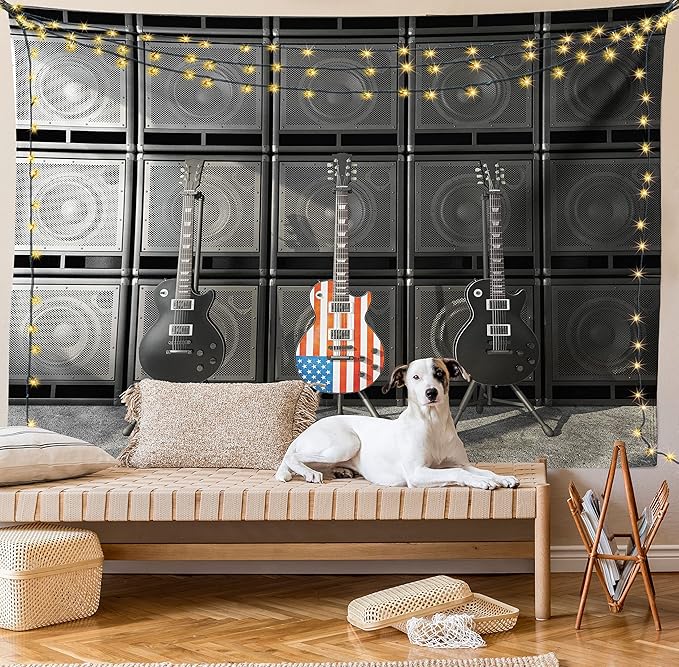 Ambesonne American Flag Tapestry, Black and Us Bass Guitar Electronic Rock Music Theme Digital Graphic Work, Wide Wall Hanging for Bedroom Living Room Dorm, 80" X 60", Charcoal Red