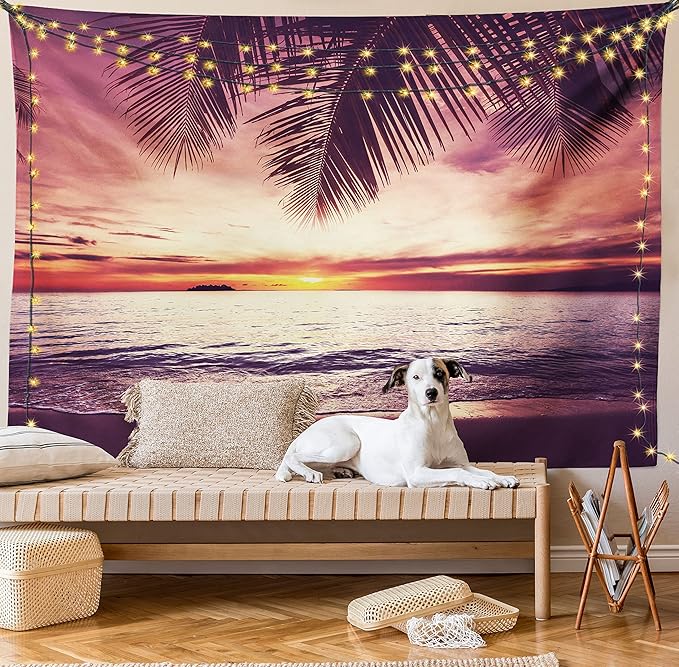 Ambesonne Palm Tree Tapestry, Tropical Beach Under Shadows at Sunset Ocean Waves Serenity of Paradise in Nature, Fabric Wall Hanging Decor for Bedroom Living Room Dorm, 28" X 23", Yellow Purple