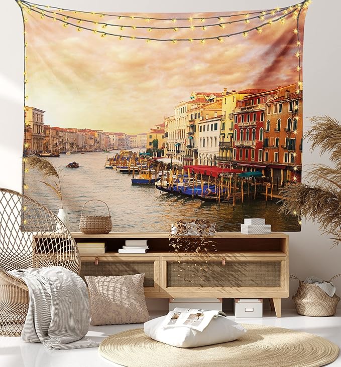 Ambesonne Scenery Tapestry, Venezia City Italian Landscape with Old Houses Gondollas and Spikes Image, Fabric Wall Hanging Decor for Bedroom Living Room Dorm, 45" X 30", Orange Yellow
