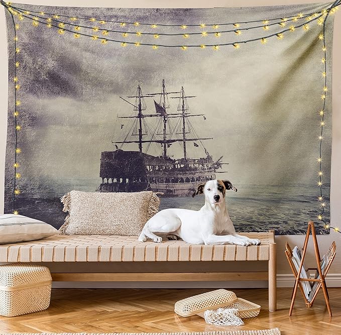 Ambesonne Nautical Tapestry King Size, Old Pirate Ship in the Sea Historical Cruise Retro Voyage Grunge Style Art, Wall Hanging Bedspread Bed Cover Wall Decor, 104" X 88", Tan Plum