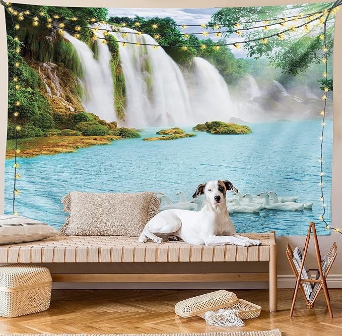 Ambesonne Waterfall Tapestry, Image of a Grand Waterfall with Swans in the Lake Sunny Day Nature Print, Fabric Wall Hanging Decor for Bedroom Living Room Dorm, 30" X 45", White Green