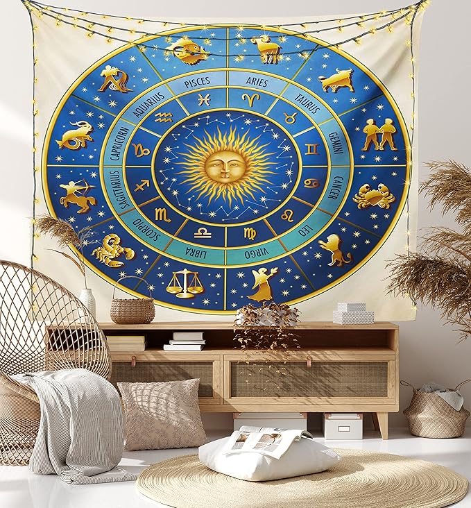 Ambesonne Astrology Tapestry King Size, Wheel of Astrological Signs Names Dates Moon Sun in Middle, Wall Hanging Bedspread Bed Cover Wall Decor, King Size, Blue Yellow and Cream