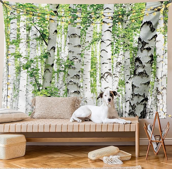 Ambesonne Woodland Tapestry, Birch Trees in The Forest Summertime Wildlife Nature Outdoors Themed Picture, Fabric Wall Hanging Decor for Bedroom Living Room Dorm, 30" X 45", White Green