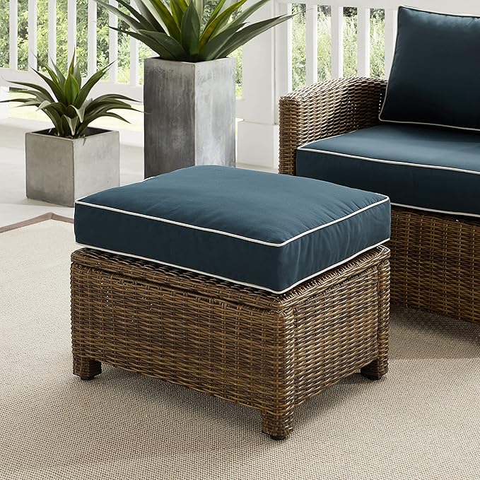 Crosley Furniture Bradenton Wicker Outdoor Ottoman Foot Rest for Patio, Deck, Porch, Brown with Navy Cushions