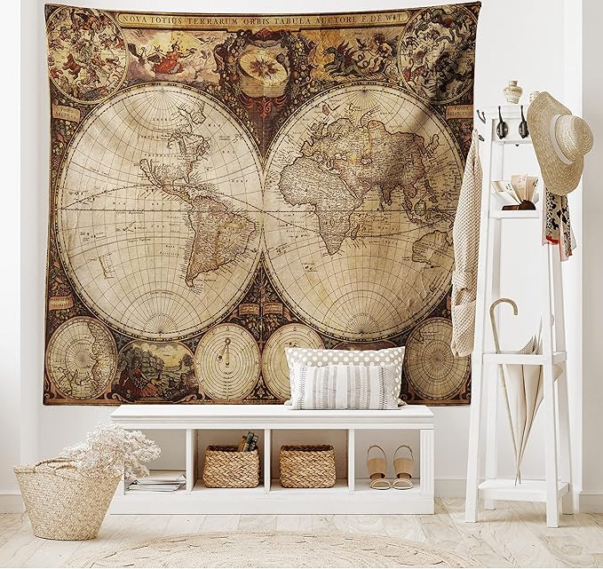 Ambesonne World Map Tapestry, Old World Map Drawn in 1720s Nostalgic Style Art Historical Atlas Vintage Design, Fabric Wall Hanging Decor for Bedroom Living Room Dorm, 28" X 23", Multicolor