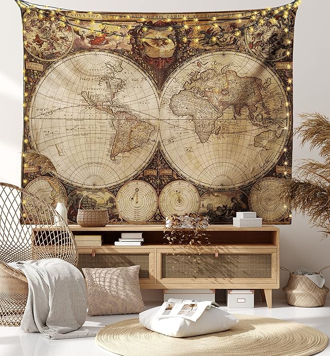 Ambesonne World Map Tapestry, Old World Map Drawn in 1720s Nostalgic Style Art Historical Atlas Vintage Design, Fabric Wall Hanging Decor for Bedroom Living Room Dorm, 28" X 23", Multicolor