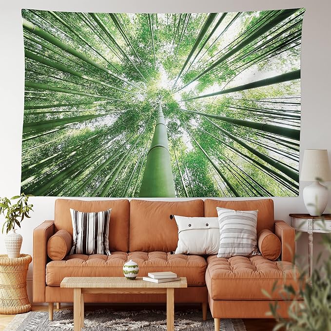 Ambesonne Forest Tapestry King Size, Tropical Rain Forest Tall Trees in Exotic Style Nature Theme Image Sky from Woodland, Wall Hanging Bedspread Bed Cover Wall Decor, 104" X 88", Green