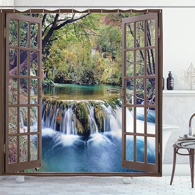 Ambesonne Waterfall Shower Curtain, Wide Waterfall Deep Down in The Forest Seen from a City Window Epic Surreal Print, Cloth Fabric Bathroom Decor Set with Hooks, 69" W x 84" L, Forest Green
