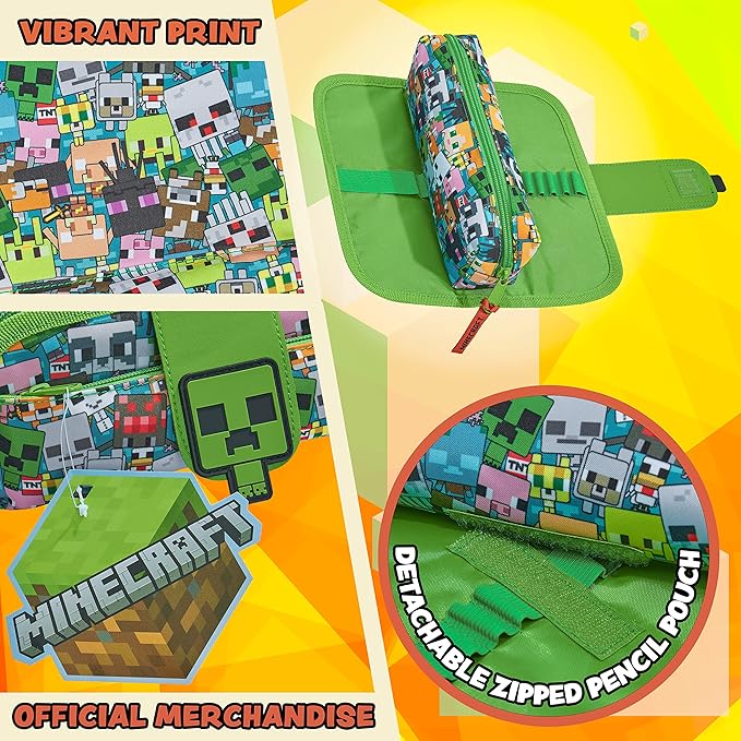 Minecraft Pencil Case for Boys and Girls, Kids Gamer School Supplies Multi Compartments with Detachable Zippered Pen Pouch 2 in 1
