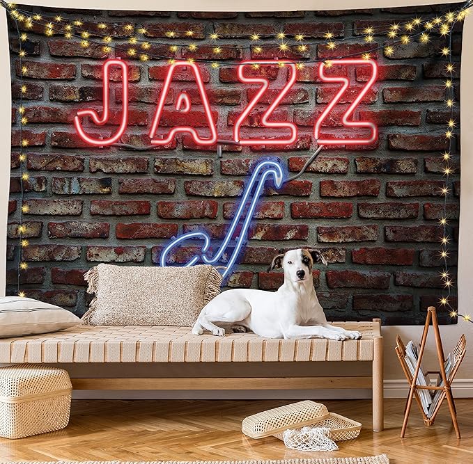 Ambesonne Music Tapestry Twin Size, Image of Alluring Neon All Jazz Sign Saxophone Instrument on Brick Wall Print, Wall Hanging Bedspread Bed Cover Wall Decor, 68" X 88", Red Blue