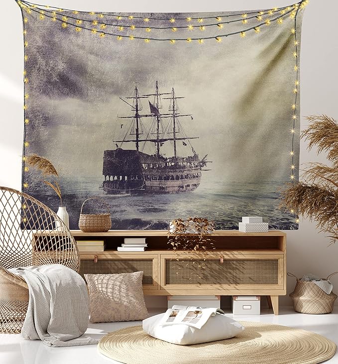 Ambesonne Nautical Tapestry King Size, Old Pirate Ship in the Sea Historical Cruise Retro Voyage Grunge Style Art, Wall Hanging Bedspread Bed Cover Wall Decor, 104" X 88", Tan Plum