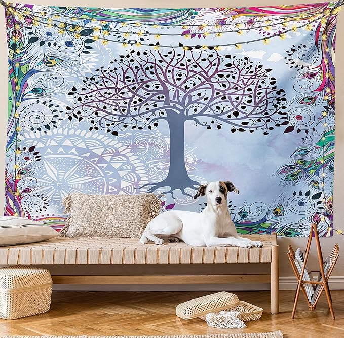Ambesonne Nature Tapestry, Tree of Life Motif Peacock Feathers Tribal Vintage Prehistoric Flora Illustration, Fabric Wall Hanging Decor for Bedroom Living Room Dorm, 45" X 30", Blue