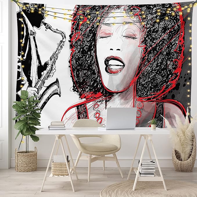 Ambesonne African Tapestry, Afro Lady Singing a Jazz Song with Saxophone Player Silhouette Vintage Design, Fabric Wall Hanging Decor for Bedroom Living Room Dorm, 45" X 30", Black Pale Grey