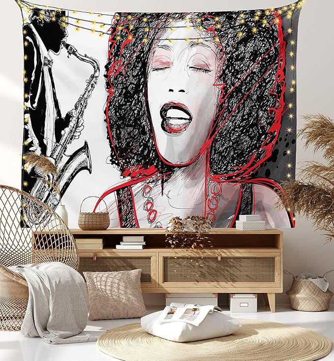 Ambesonne African Tapestry, Afro Lady Singing a Jazz Song with Saxophone Player Silhouette Vintage Design, Fabric Wall Hanging Decor for Bedroom Living Room Dorm, 45" X 30", Black Pale Grey