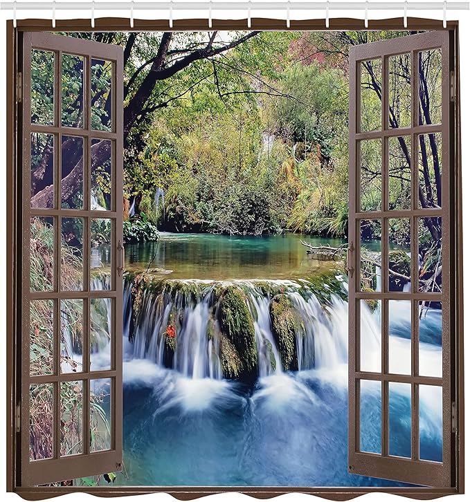 Ambesonne Waterfall Shower Curtain, Wide Waterfall Deep Down in The Forest Seen from a City Window Epic Surreal Print, Cloth Fabric Bathroom Decor Set with Hooks, 69" W x 84" L, Forest Green