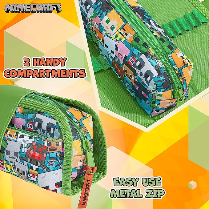 Minecraft Pencil Case for Boys and Girls, Kids Gamer School Supplies Multi Compartments with Detachable Zippered Pen Pouch 2 in 1