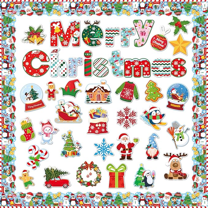 Merry Chritmas Bulletin Board Decoration Set - 83 Pcs Christmas Cutouts for Bulletin Board Decor with Border Xmas Holiday Wall Decals for Kids Teacher Classroom School Party Decoration Supplies