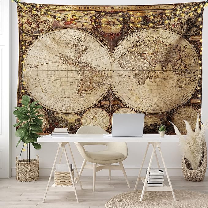 Ambesonne World Map Tapestry, Old World Map Drawn in 1720s Nostalgic Style Art Historical Atlas Vintage Design, Fabric Wall Hanging Decor for Bedroom Living Room Dorm, 28" X 23", Multicolor