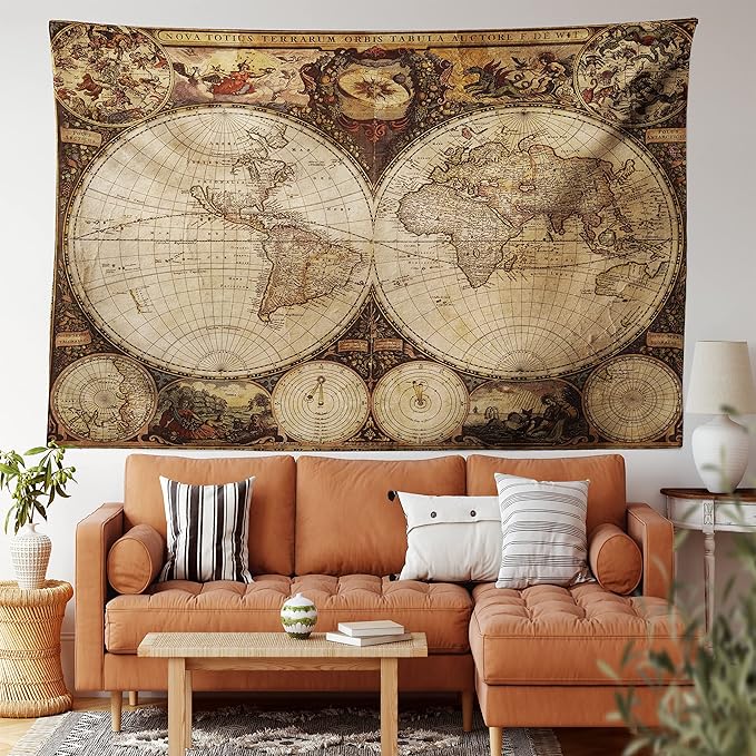 Ambesonne World Map Tapestry, Old World Map Drawn in 1720s Nostalgic Style Art Historical Atlas Vintage Design, Fabric Wall Hanging Decor for Bedroom Living Room Dorm, 28" X 23", Multicolor