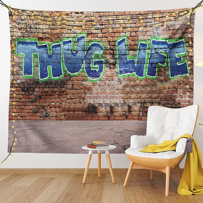 Ambesonne Thug Life Tapestry King Size, Graffiti Style Words on a Brick Wall Street Urban Art Hip Hop Rap Culture Theme, Wall Hanging Bedspread Bed Cover Wall Decor, 104" X 88", Brown Blue