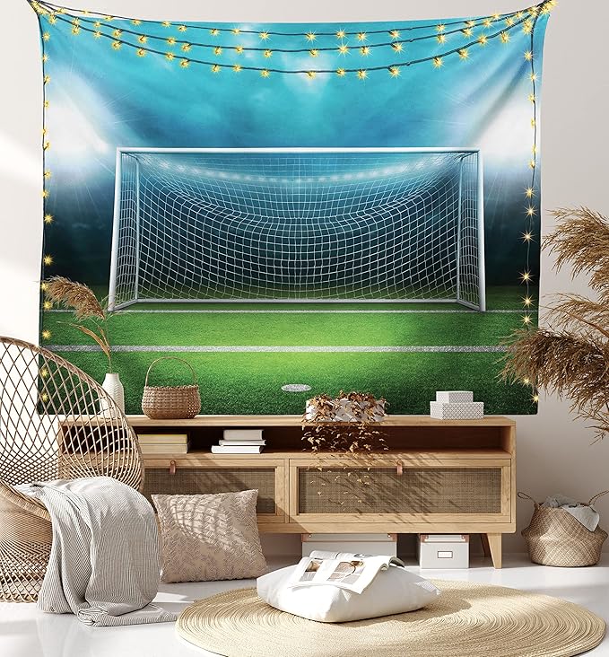 Ambesonne Soccer Tapestry, Soccer Goal Post Sports Area Winner Loser Line Floodlit Best Team Finals Game Theme, Fabric Wall Hanging Decor for Bedroom Living Room Dorm, 45" X 30", Green and Blue