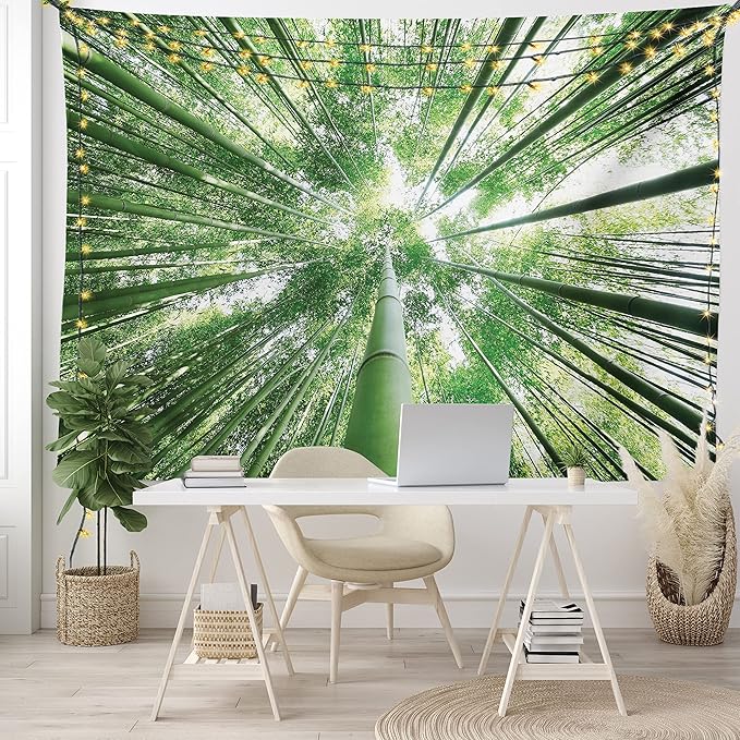 Ambesonne Forest Tapestry King Size, Tropical Rain Forest Tall Trees in Exotic Style Nature Theme Image Sky from Woodland, Wall Hanging Bedspread Bed Cover Wall Decor, 104" X 88", Green