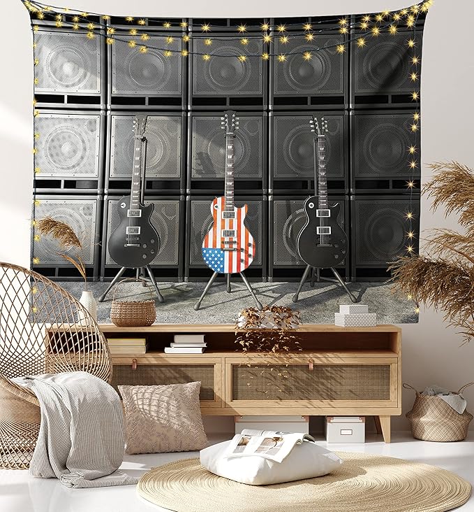 Ambesonne American Flag Tapestry, Black and Us Bass Guitar Electronic Rock Music Theme Digital Graphic Work, Wide Wall Hanging for Bedroom Living Room Dorm, 80" X 60", Charcoal Red