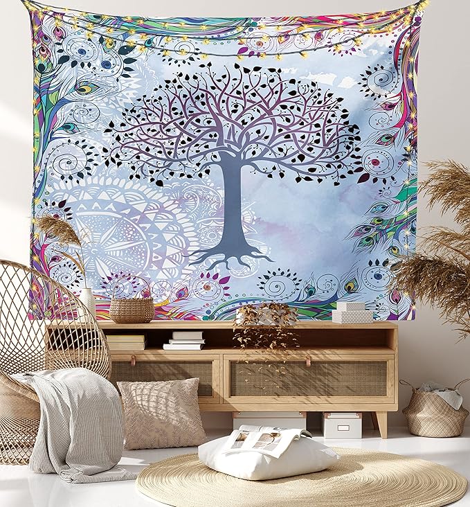 Ambesonne Nature Tapestry, Tree of Life Motif Peacock Feathers Tribal Vintage Prehistoric Flora Illustration, Fabric Wall Hanging Decor for Bedroom Living Room Dorm, 45" X 30", Blue