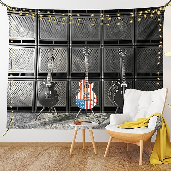 Ambesonne American Flag Tapestry, Black and Us Bass Guitar Electronic Rock Music Theme Digital Graphic Work, Wide Wall Hanging for Bedroom Living Room Dorm, 80" X 60", Charcoal Red
