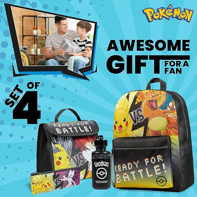 Pokemon Backpack Set 4 Pcs for Kids with Backpack Water Bottle Pencil Case and Insulated Lunch Bag or Wallet Anime School Supplies Gifts for Kids (Black/Yellow 4 Pcs Set)