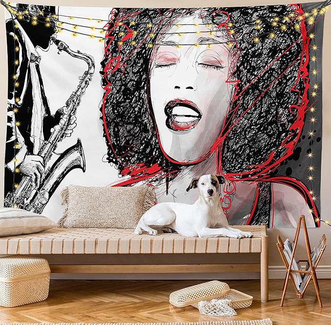 Ambesonne African Tapestry, Afro Lady Singing a Jazz Song with Saxophone Player Silhouette Vintage Design, Fabric Wall Hanging Decor for Bedroom Living Room Dorm, 45" X 30", Black Pale Grey