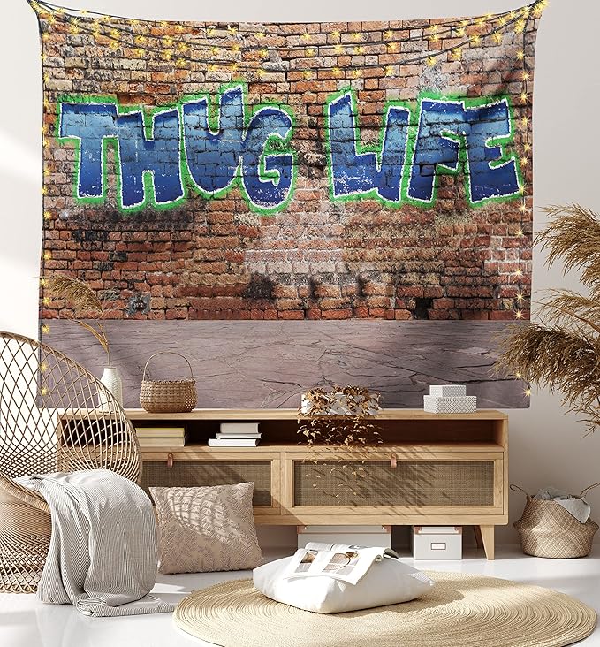 Ambesonne Thug Life Tapestry Twin Size, Graffiti Style Words on a Brick Wall Street Urban Art Hip Hop Rap Culture Theme, Wall Hanging Bedspread Bed Cover Wall Decor, 68" X 88", Brown Blue