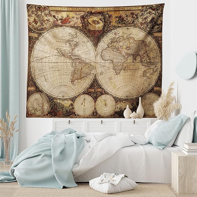 Ambesonne World Map Tapestry, Old World Map Drawn in 1720s Nostalgic Style Art Historical Atlas Vintage Design, Fabric Wall Hanging Decor for Bedroom Living Room Dorm, 28" X 23", Multicolor