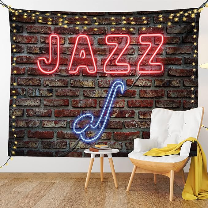 Ambesonne Music Tapestry Twin Size, Image of Alluring Neon All Jazz Sign Saxophone Instrument on Brick Wall Print, Wall Hanging Bedspread Bed Cover Wall Decor, 68" X 88", Red Blue