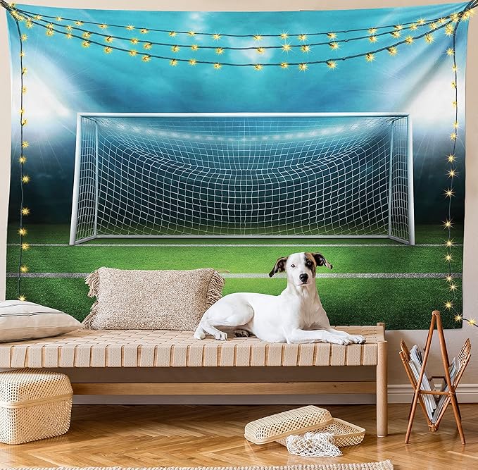 Ambesonne Soccer Tapestry, Soccer Goal Post Sports Area Winner Loser Line Floodlit Best Team Finals Game Theme, Fabric Wall Hanging Decor for Bedroom Living Room Dorm, 45" X 30", Green and Blue