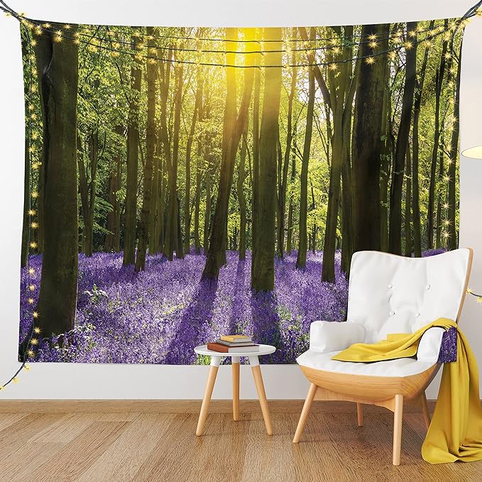 Ambesonne Woodland Tapestry Queen Size, Sunbeams in the Forest of Bluebells Blooms Deep in Woodland Oxfordshire, Wall Hanging Bedspread Bed Cover Wall Decor, 88" X 88", Violet Green Yellow