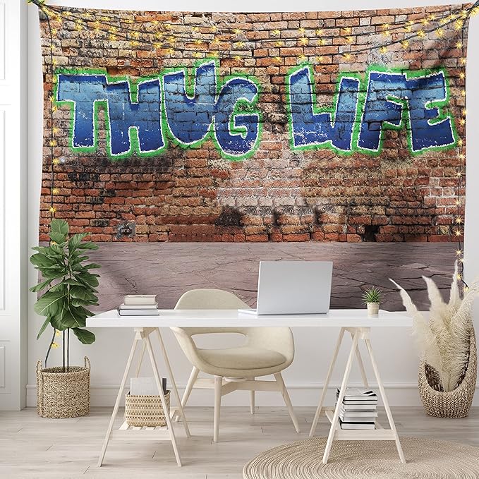 Ambesonne Thug Life Tapestry King Size, Graffiti Style Words on a Brick Wall Street Urban Art Hip Hop Rap Culture Theme, Wall Hanging Bedspread Bed Cover Wall Decor, 104" X 88", Brown Blue