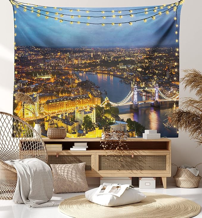 Ambesonne Modern Tapestry, Sunset at London England Cityscape Night Time and Tower Bridge Landmark Urban, Fabric Wall Hanging Decor for Bedroom Living Room Dorm, 45" X 30", Yellow Bluegrey