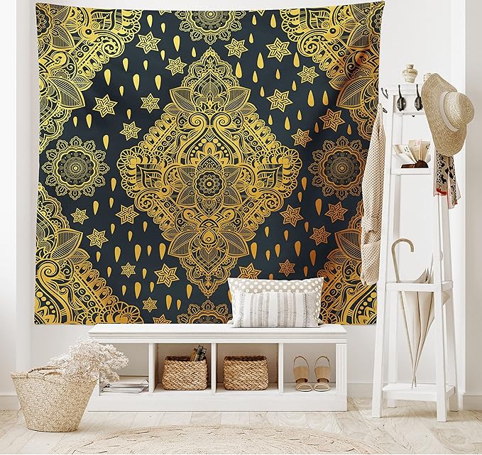 Ambesonne Mandala Tapestry Queen Size, Bohemian Paisley Ornament Tattoo Vintage Design Print, Wall Hanging Bedspread Bed Cover Wall Decor, 88" X 88", Charcoal Grey
