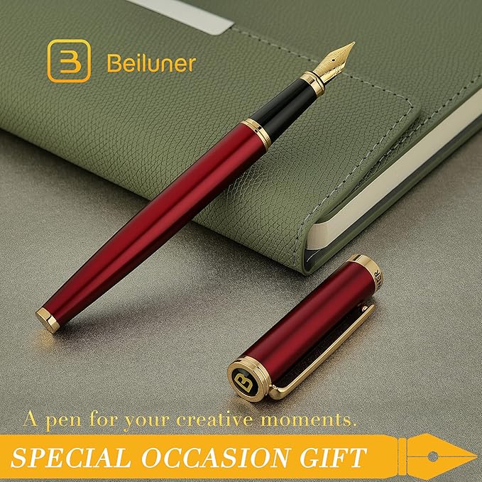 BEILUNER Red Fountain Pen,Stunning Luxury Pens with 24K Gold Finish, Gorgeous 24K Gilded Nib(Medium), Fancy Pen Gift for Men&Women -Ink Converter-Elegant,Professional,Office,Nice Pen for Writing