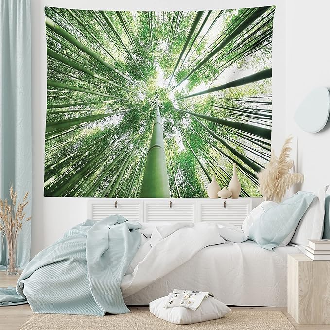 Ambesonne Forest Tapestry King Size, Tropical Rain Forest Tall Trees in Exotic Style Nature Theme Image Sky from Woodland, Wall Hanging Bedspread Bed Cover Wall Decor, 104" X 88", Green