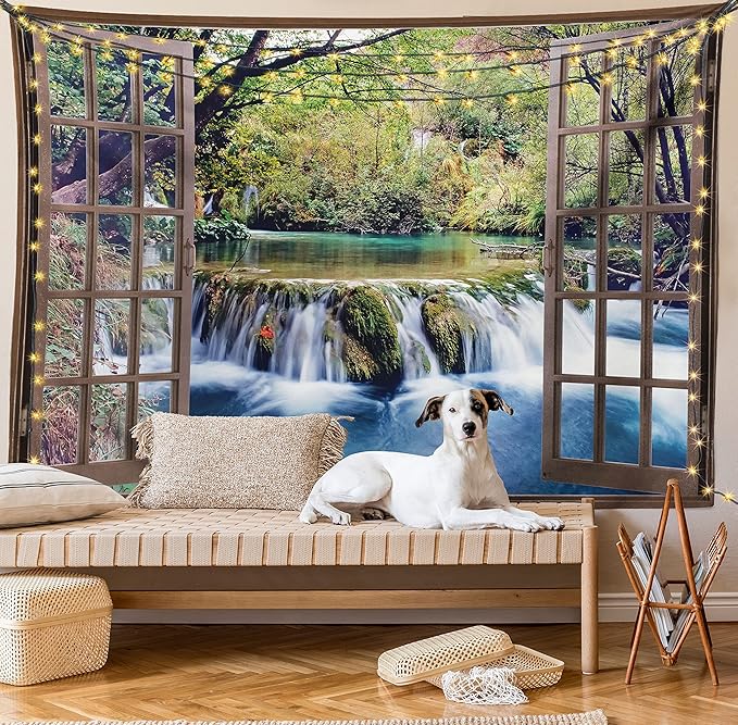 Ambesonne Waterfall Tapestry, Wide Waterfall Deep down in the Forest Seen from a City Window Epic Surreal Print, Fabric Wall Hanging Decor for Bedroom Living Room Dorm, 23" X 28", Brown Black
